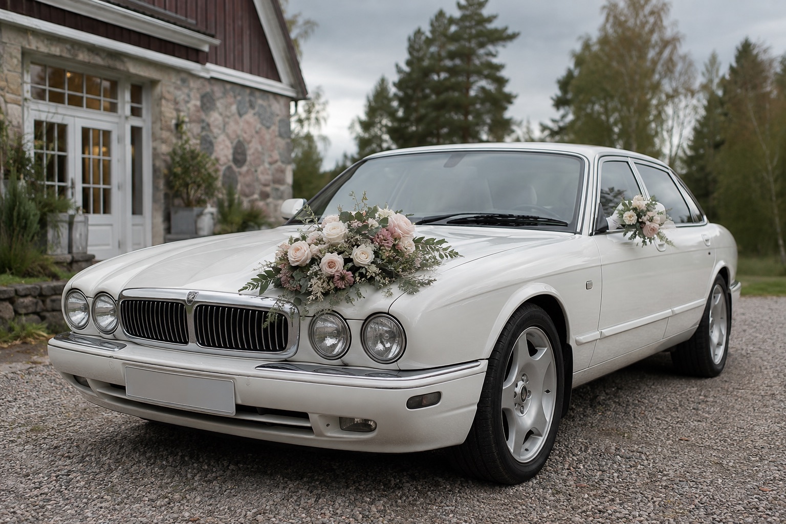 Vaaleilla kukilla koristeltu hääauto suomalaisen juhlatilan pihalla