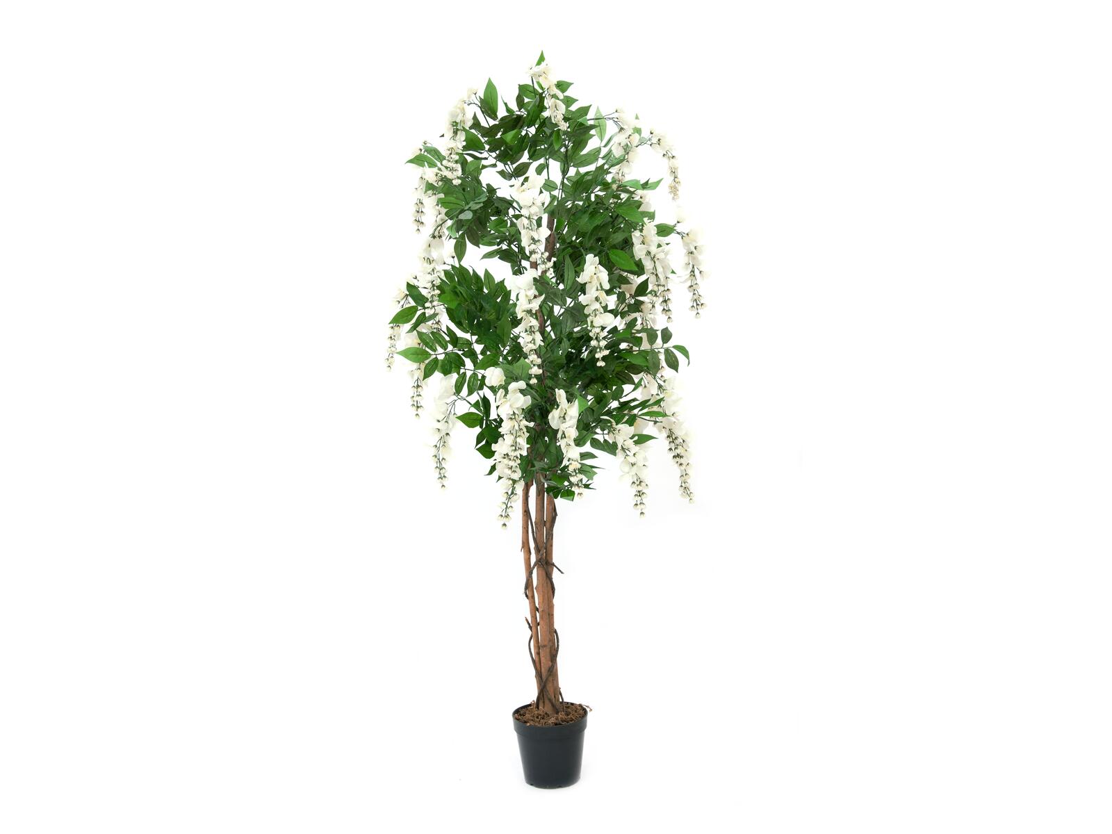 Valkoinen 150 cm korkea tekopuu vihreillä lehdillä ja riippuvilla kukkatertuilla