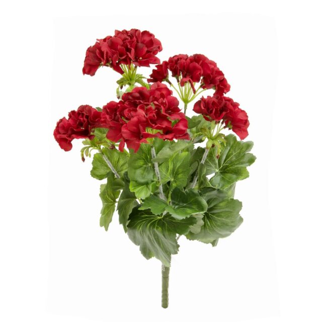 Punainen tekopelargoni vihreillä lehdillä, 42 cm