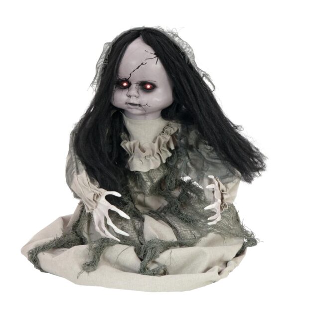 Animoitu Halloween-aavenukke mustilla hiuksilla ja punaisilla LED-silmillä