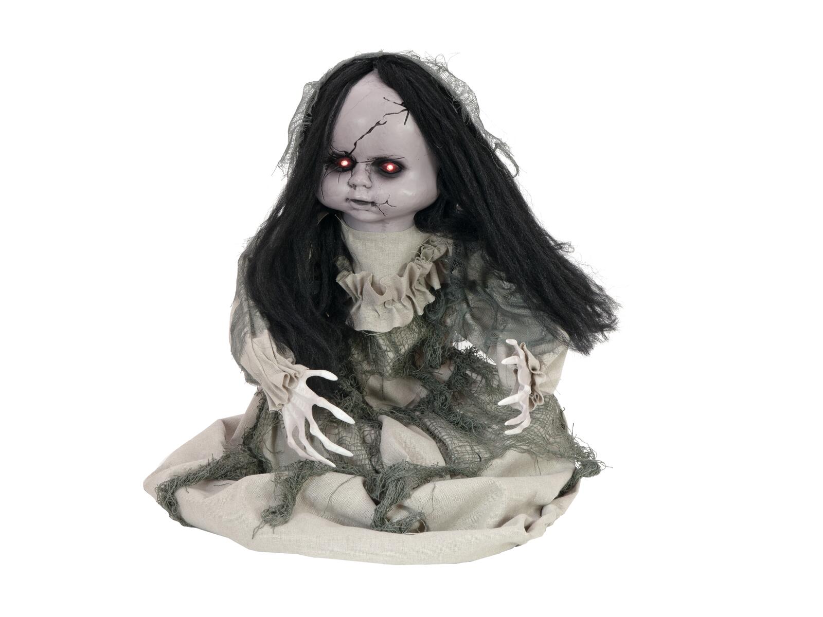 Animoitu Halloween-aavenukke mustilla hiuksilla ja punaisilla LED-silmillä
