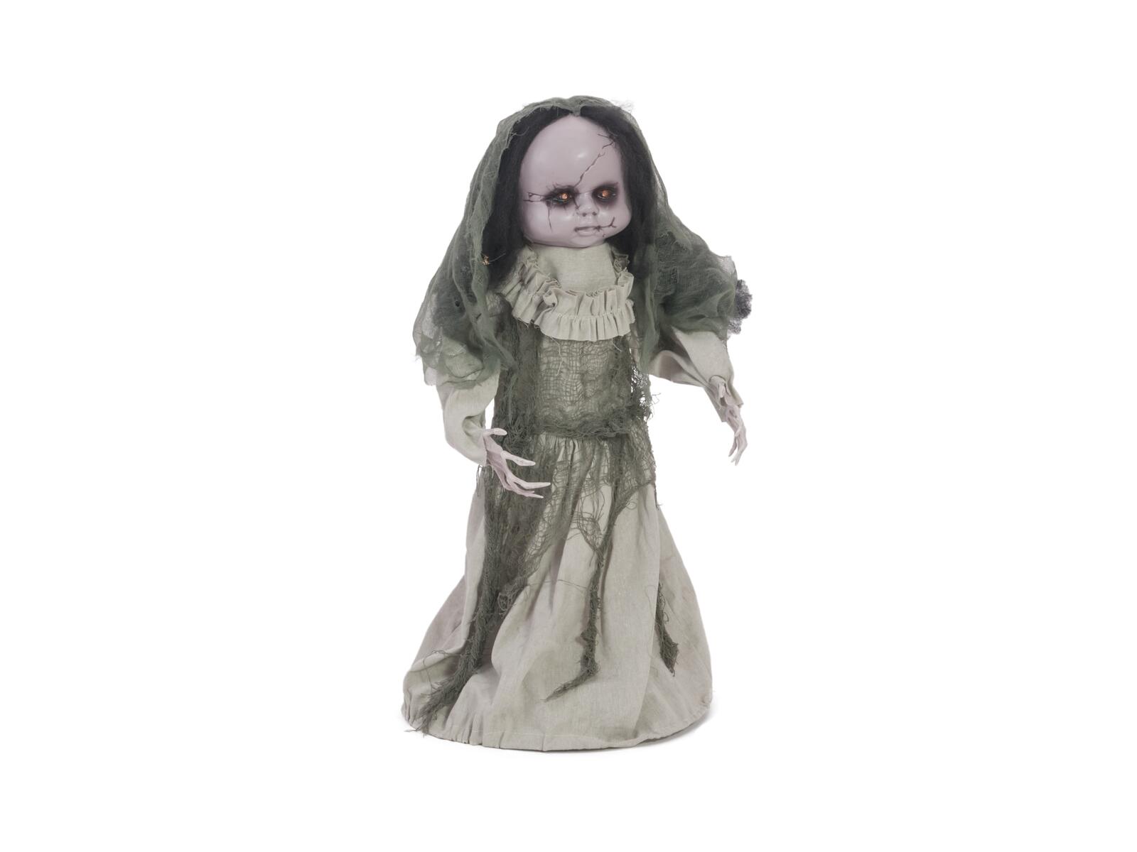 Animoitu Halloween-aavenukke mustilla hiuksilla ja punaisilla LED-silmillä