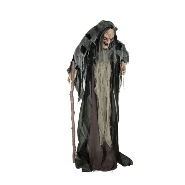Animoitu musta ja harmaa Halloween-noitahahmo sauvan kanssa
