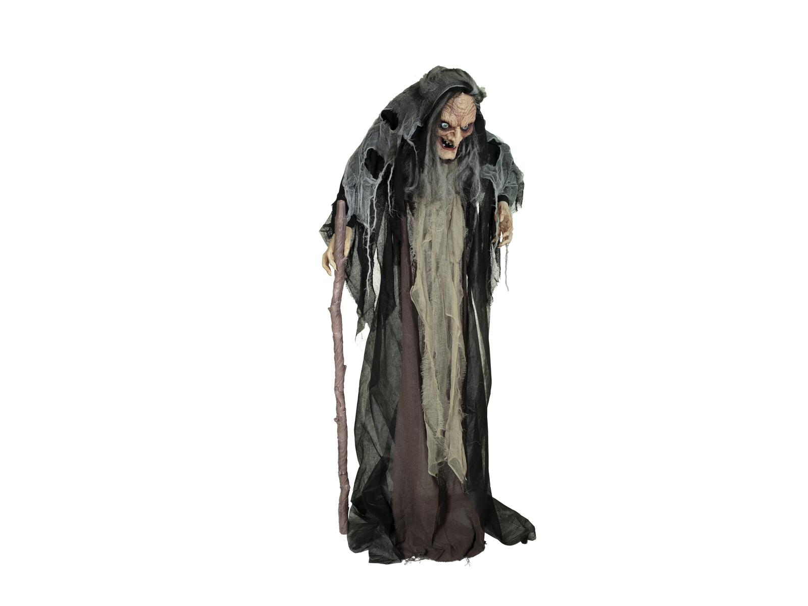 Animoitu musta ja harmaa Halloween-noitahahmo sauvan kanssa