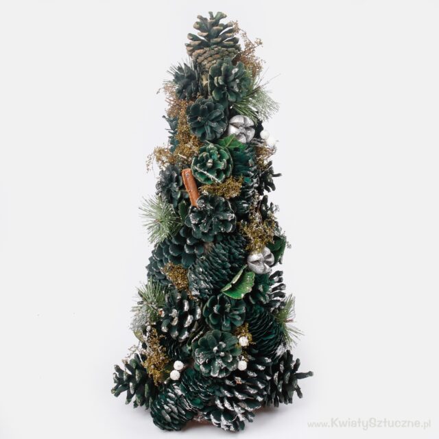 Tummanvihreä ja hopeanvärinen koristeltu pöytäjoulukuusi glitterillä