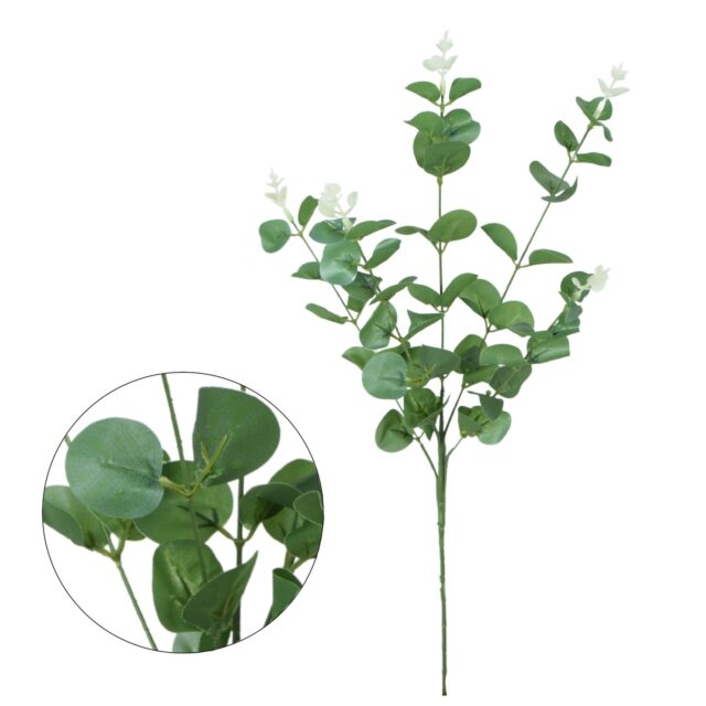 Kermanvalkoinen ja vihreä eukalyptuksen tekokasvin oksa 62 cm