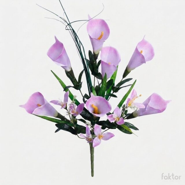 Violetti tekokukkakimppu, jossa on 7 kallaa