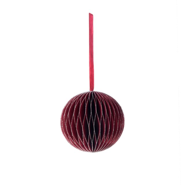 Viininpunainen hopeaglitterinen paperipalloriipus, 10 cm