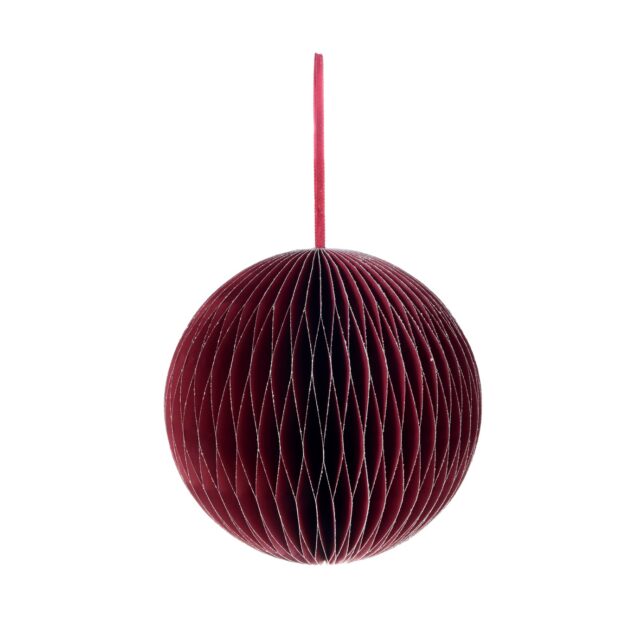Viininpunainen paperipalloriipus hopeaglitterillä, 21 cm