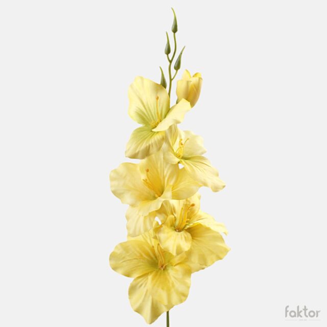 Keltainen gladiolus-tekokukka vihreällä keskustalla