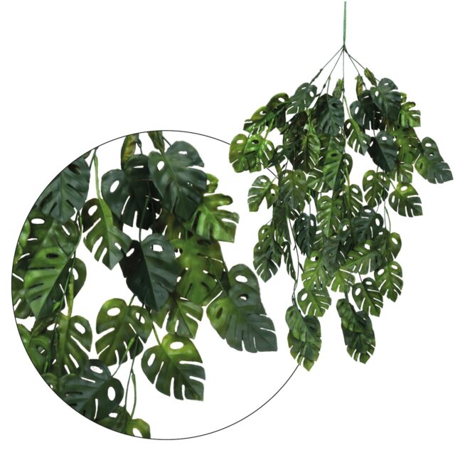Riippuva monstera philo -tekokasvi tummanvihreillä lehdillä