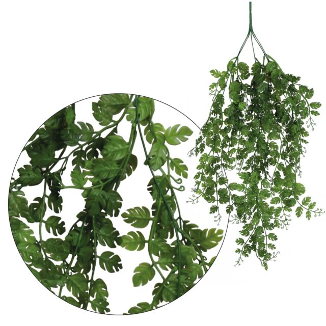 Riippuva tummanvihreä monstera-philo-tekokasvi violetilla reunuksella