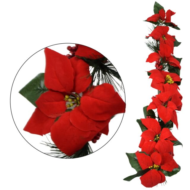 Punainen poinsettiakoristeinen tekokukkagirlanti, 86 cm