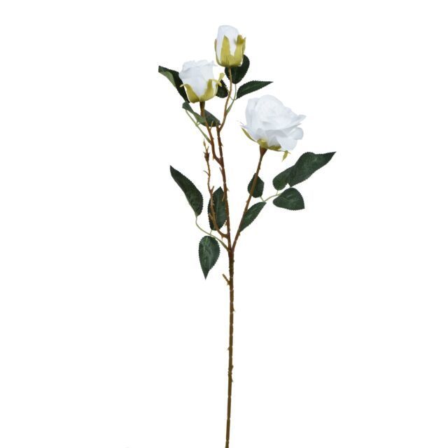 Valkoinen tekoruusun oksa, kolme ruusua, 62 cm