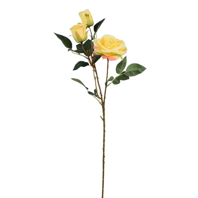 Keltainen ja vaaleanpunainen tekoruusun oksa, kolme ruusunkukkaa, 62 cm