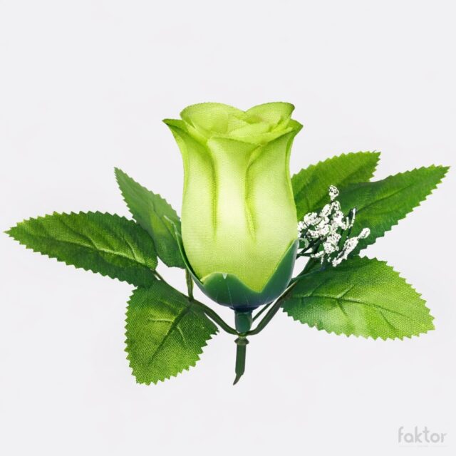 Vaaleanvihreä tekoruusunuppu lehdillä