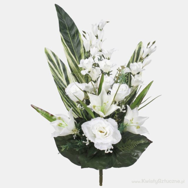 Kermanvärinen tekokukkakimppu ruusuilla, liljoilla ja gladioluksilla
