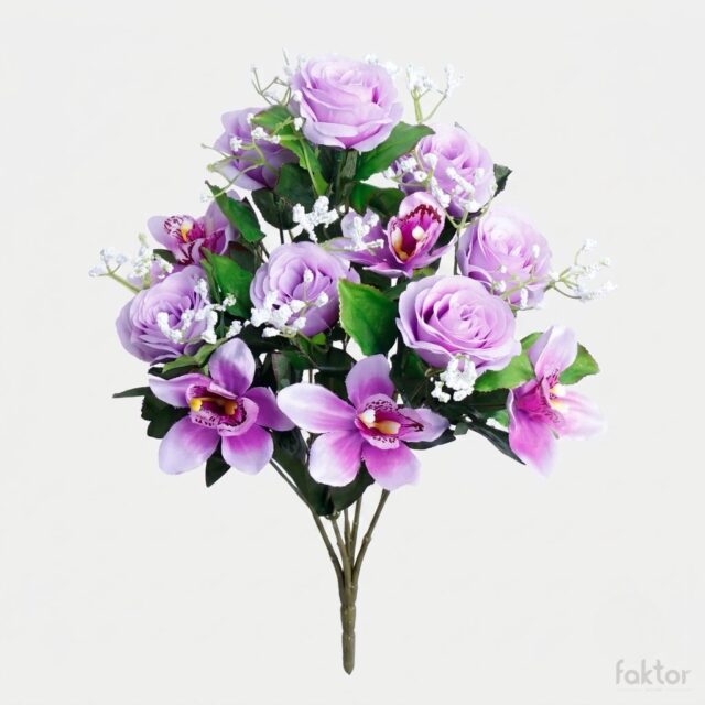 Violetti ruusu- ja orkideatekokukkakimppu