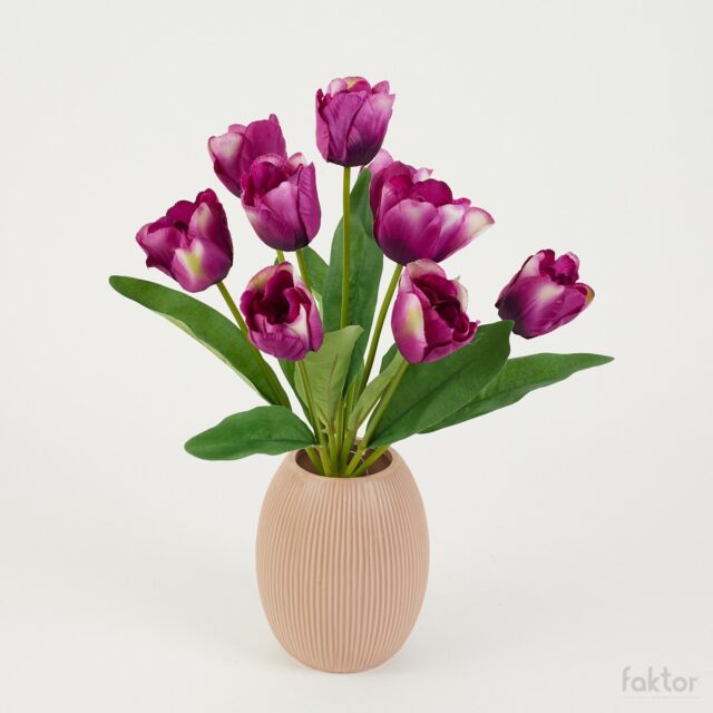 Violetti-vihreä tekotulppaanikimppu, 9 kukkaa