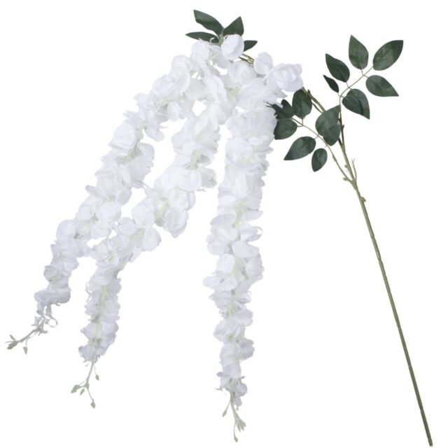 Valkoinen wisteria-tekokukkaoksa riippuvilla kukinnoilla