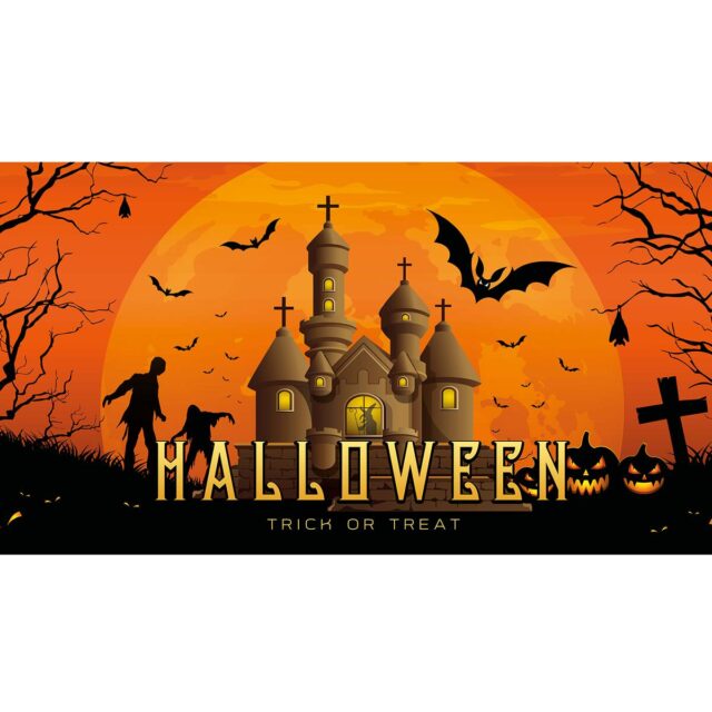 Oranssi ja musta Halloween-banneri kummitustalokuvalla