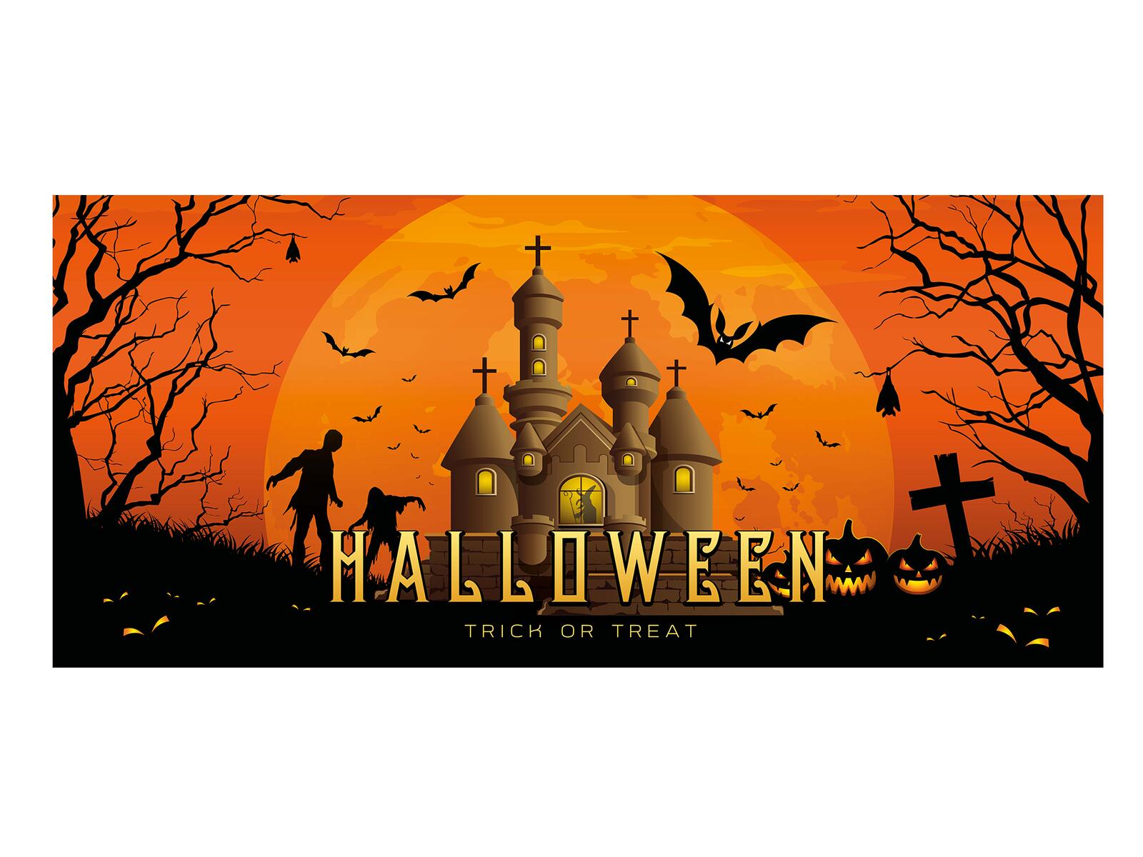 Oranssi ja musta Halloween-banneri kummitustalokuvalla