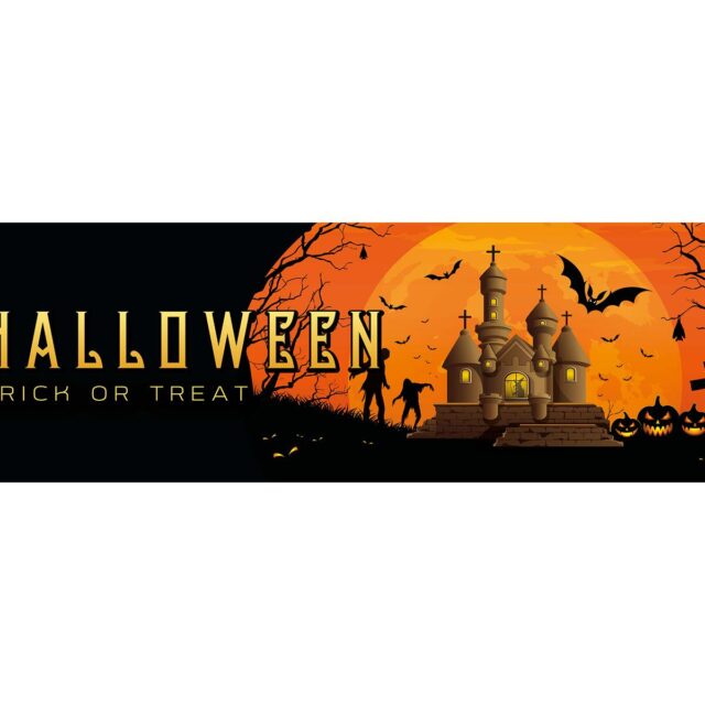 Musta ja oranssi Halloween-banneri, jossa kummitustalo