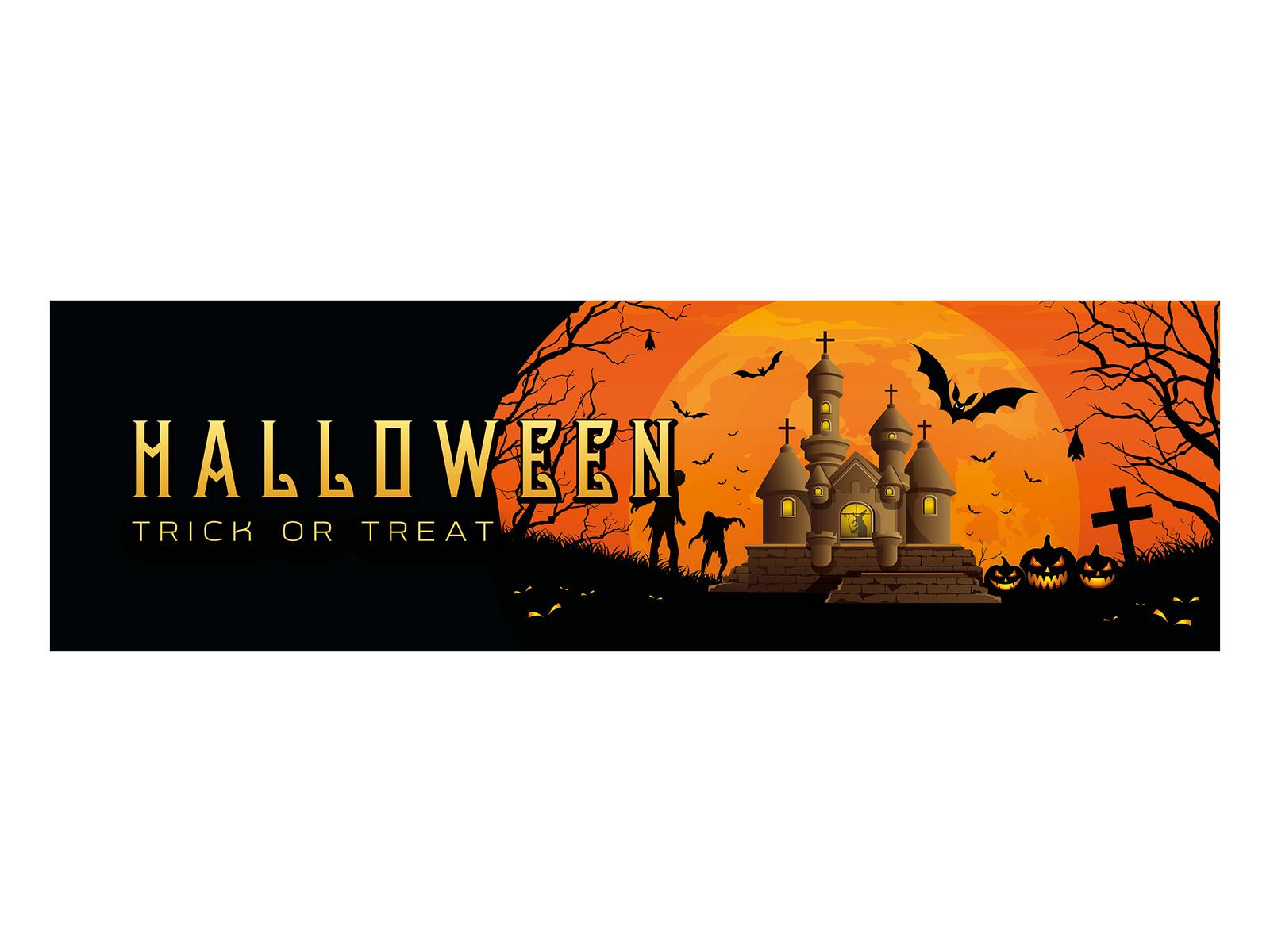 Musta ja oranssi Halloween-banneri, jossa kummitustalo