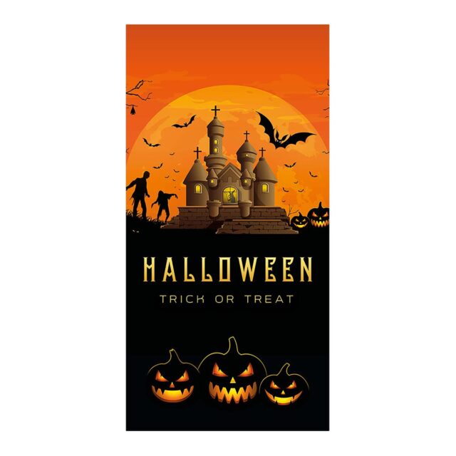 Oranssi ja musta Halloween-banneri, jossa kummitustalo ja kurpitsoja