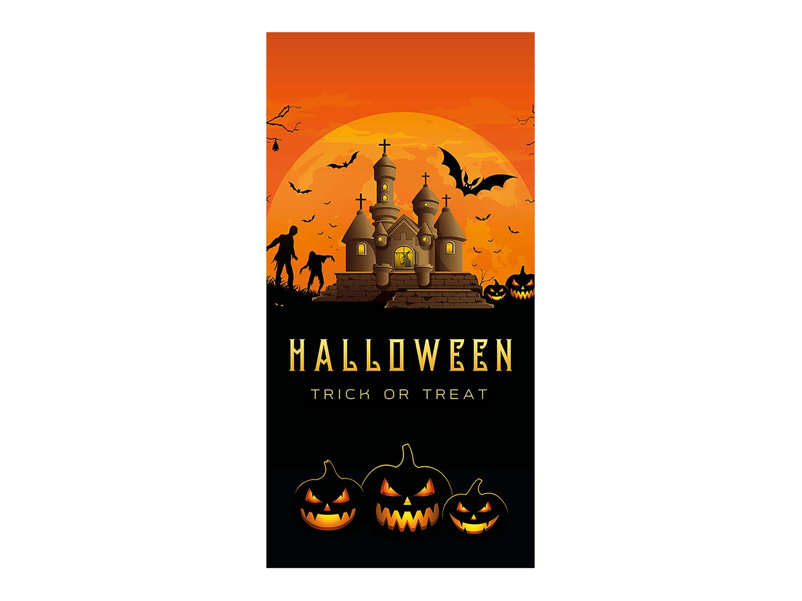 Oranssi ja musta Halloween-banneri, jossa kummitustalo ja kurpitsoja