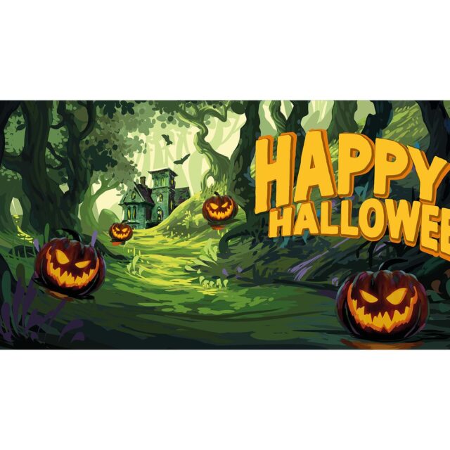 Kummitusmetsäaiheinen Halloween-banneri kurpitsoilla