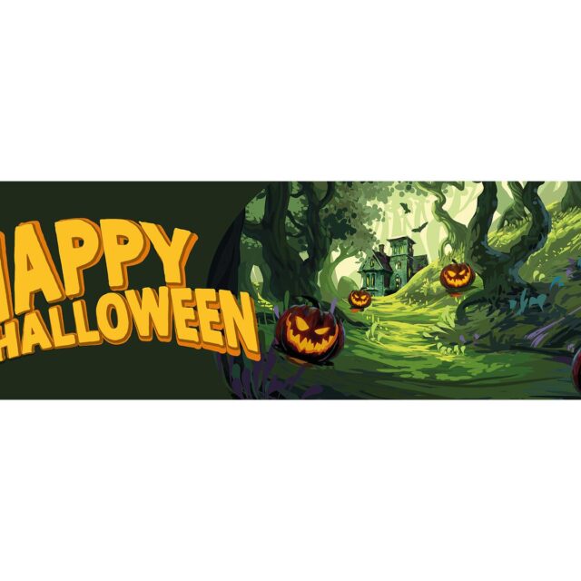 Halloween-koristebanneri, jossa kummitusmetsä, kurpitsoja ja teksti Happy Halloween