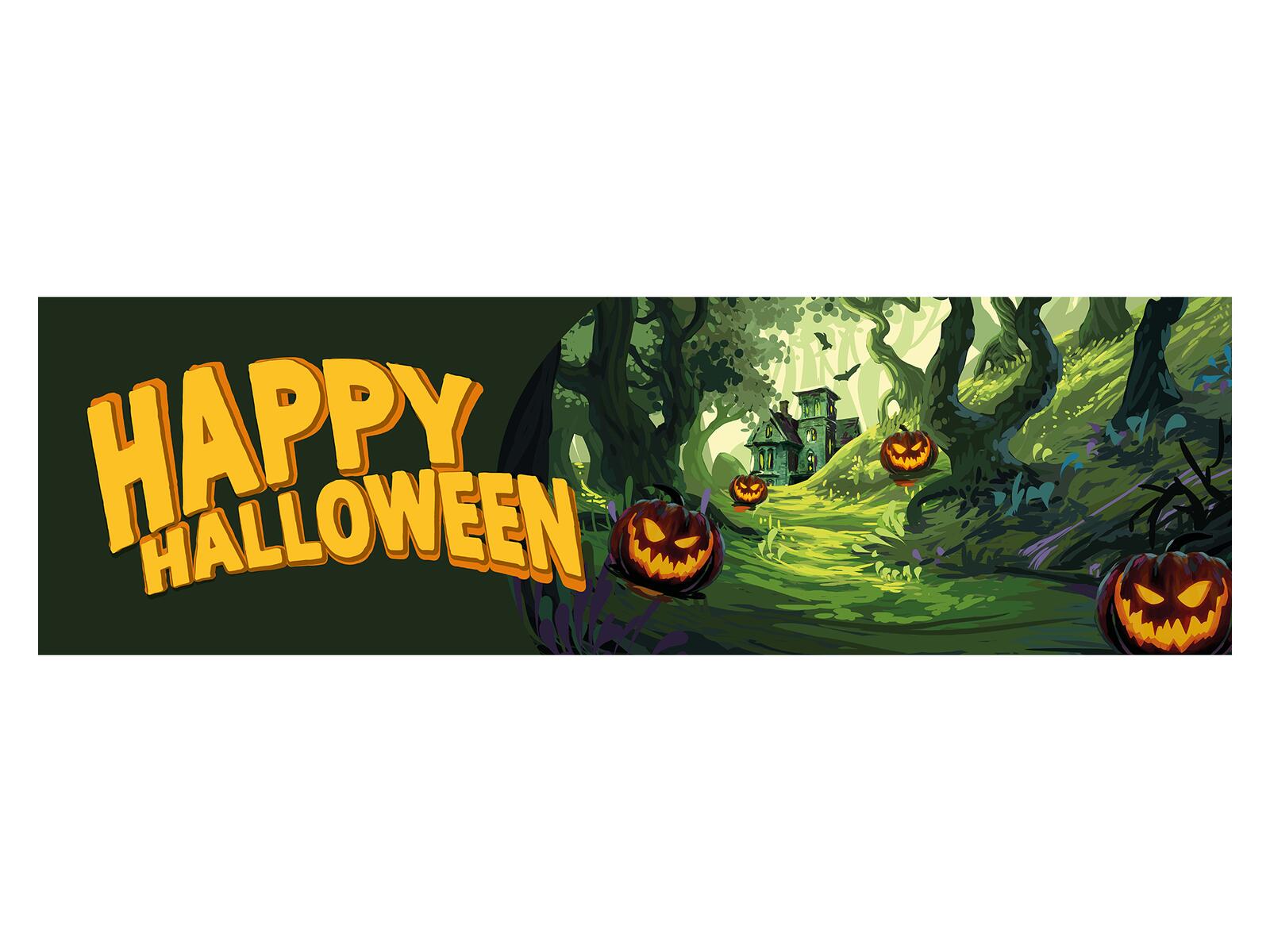 Halloween-koristebanneri, jossa kummitusmetsä, kurpitsoja ja teksti Happy Halloween