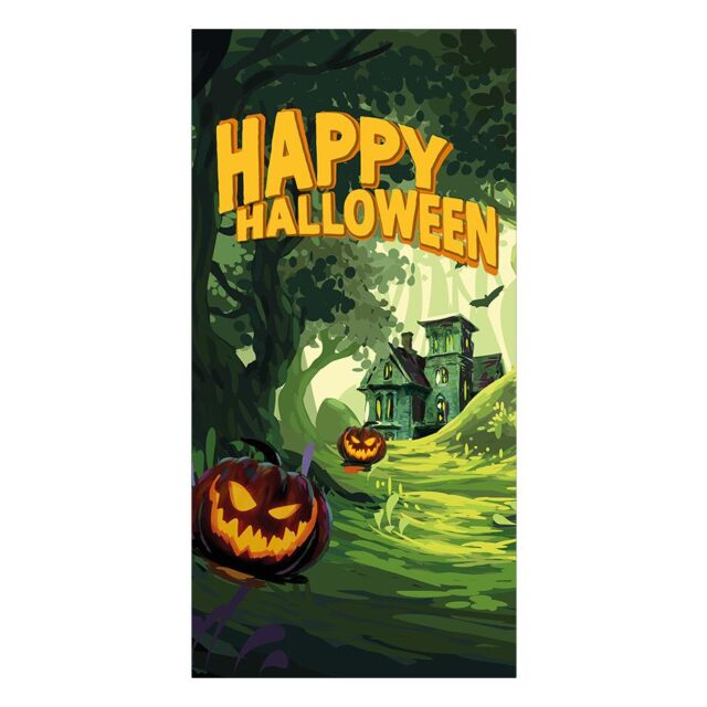 Halloween-koristebanneri, jossa kummitusmetsä, kummitustalo ja kurpitsalyhtyjä
