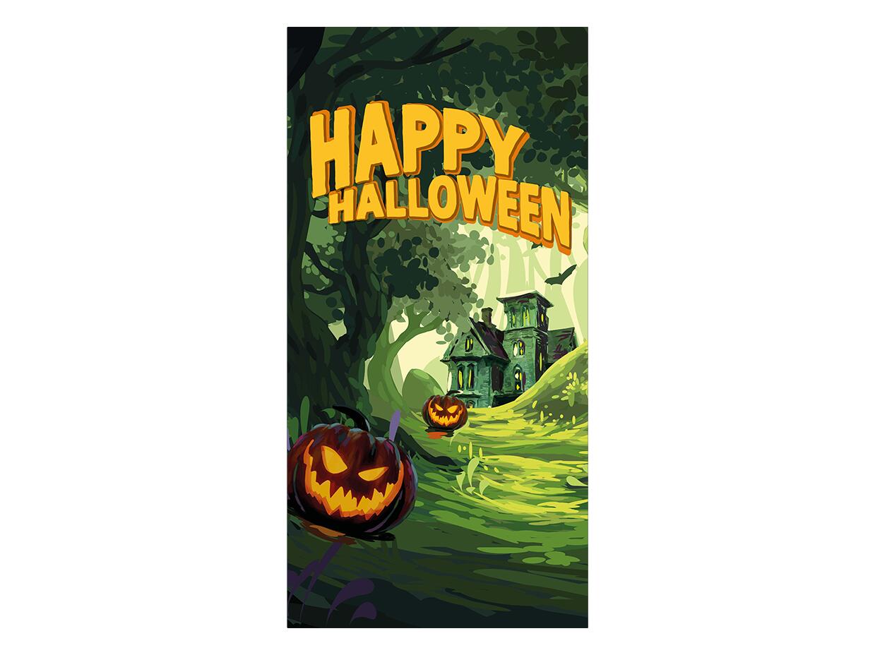 Halloween-koristebanneri, jossa kummitusmetsä, kummitustalo ja kurpitsalyhtyjä