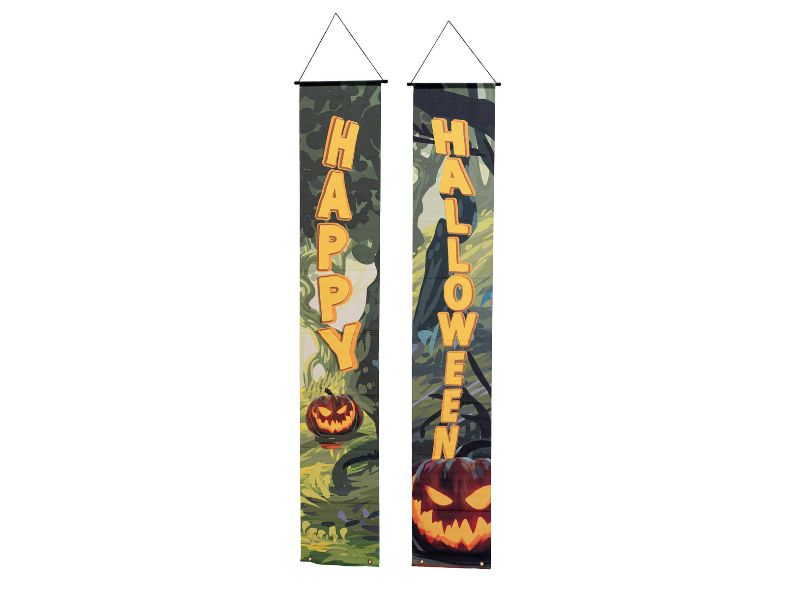 Kaksi kummitusmetsäaiheista Halloween-koristebanneria kurpitsakuvioilla
