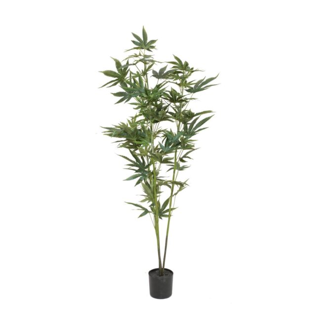 Vihreä kannabista jäljittelevä tekokasvi kasvatusruukussa, 120 cm