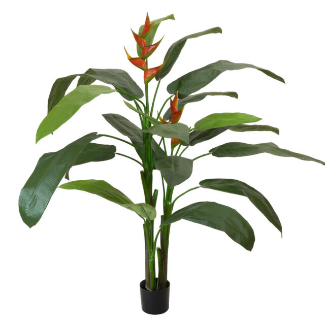 190 cm korkea helikonia-tekokasvi oransseilla kukilla ja vihreillä lehdillä