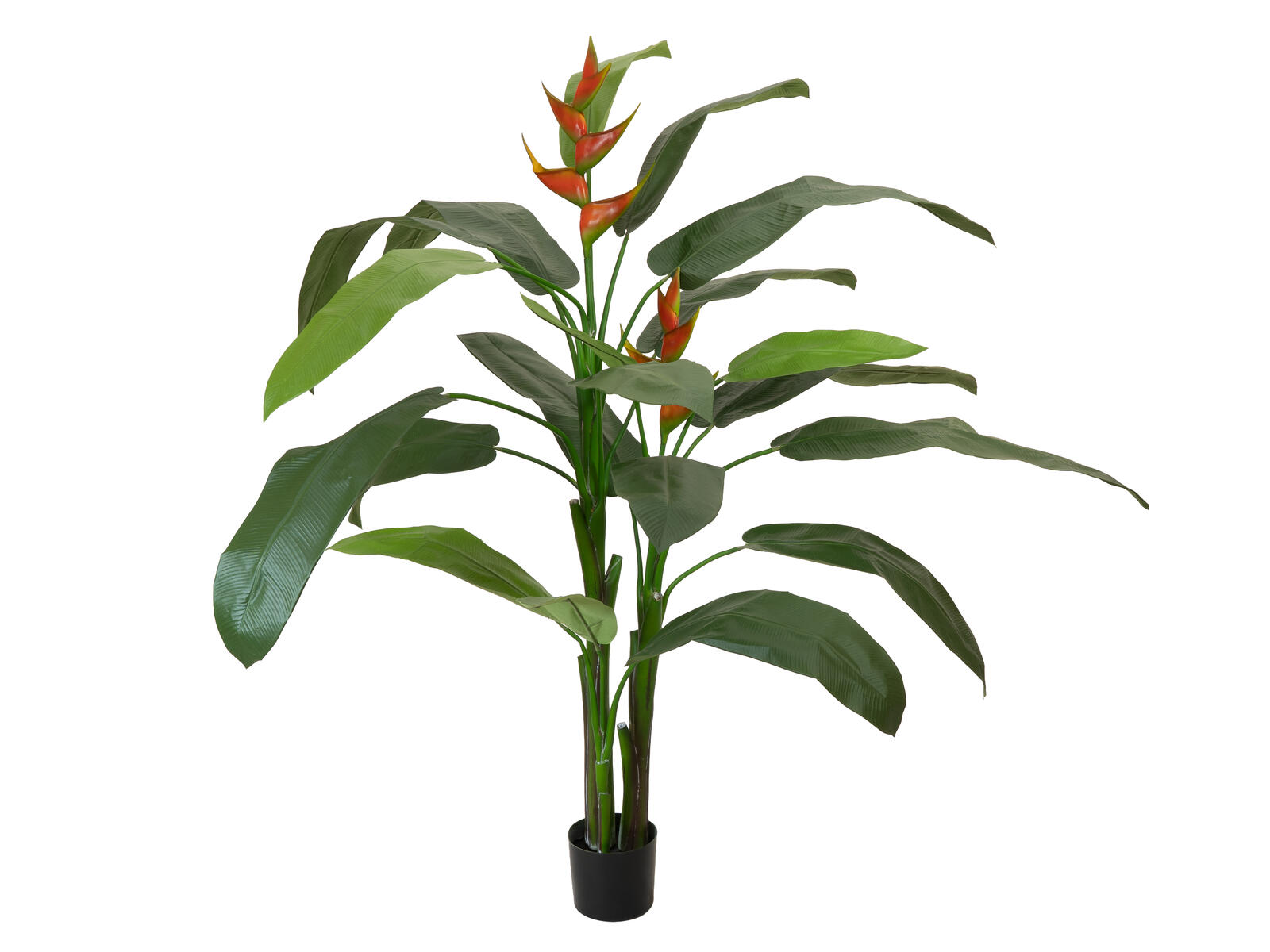 190 cm korkea helikonia-tekokasvi oransseilla kukilla ja vihreillä lehdillä