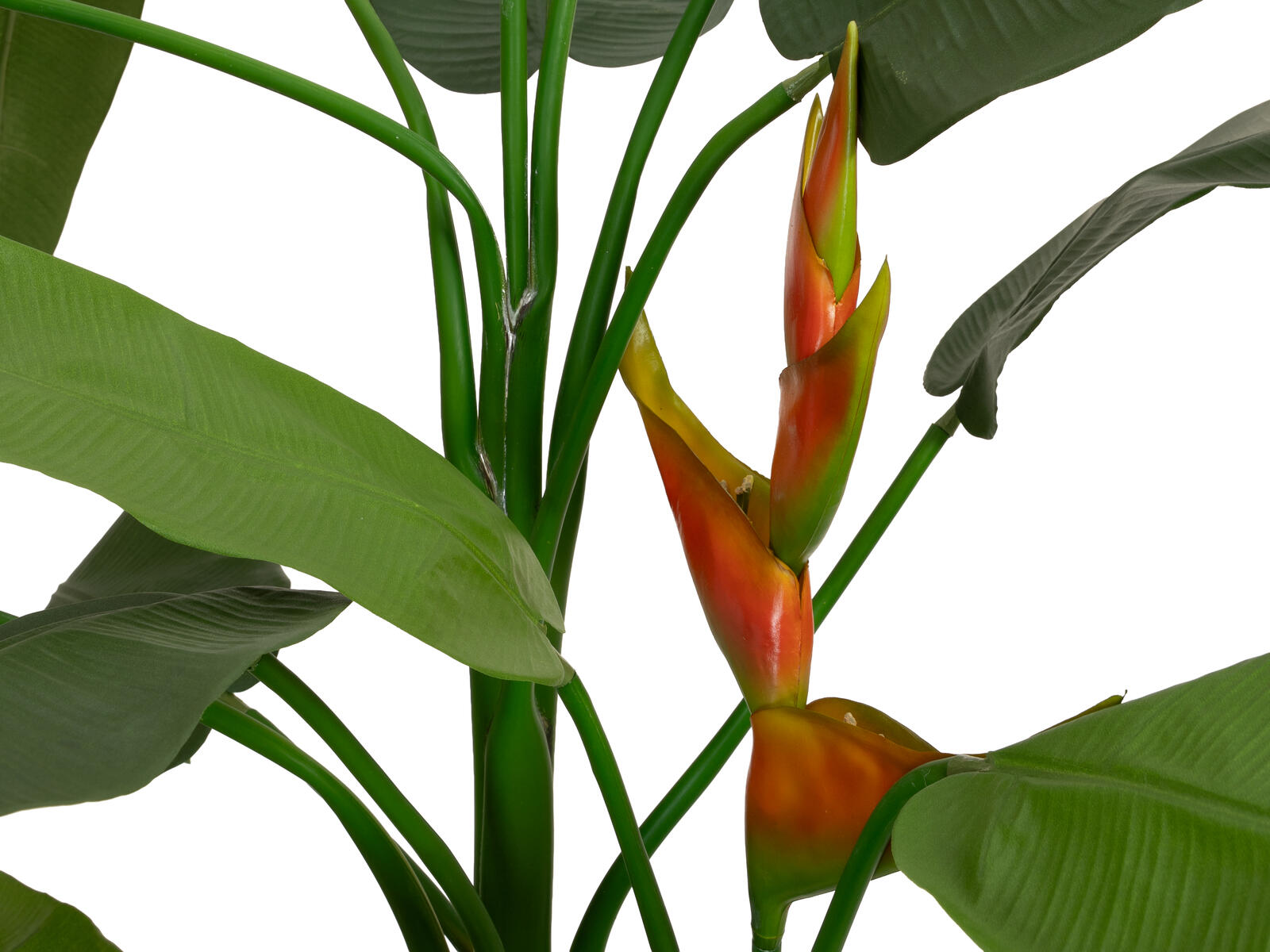 190 cm korkea helikonia-tekokasvi oransseilla kukilla ja vihreillä lehdillä