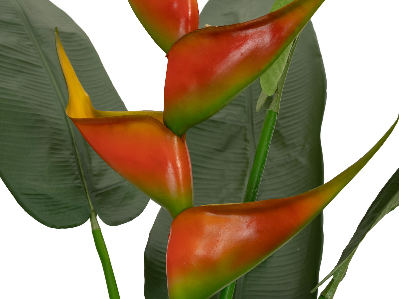 190 cm korkea helikonia-tekokasvi oransseilla kukilla ja vihreillä lehdillä