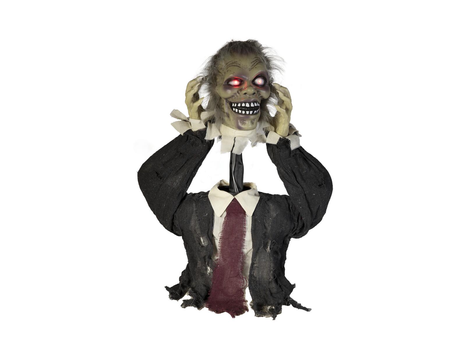 Animoitu harmaa zombivartalo mustassa takissa ja punaisessa solmiossa