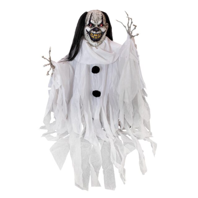 Valkoiseen repaleiseen asuun pukeutunut animoitu Halloween-klovnihahmo