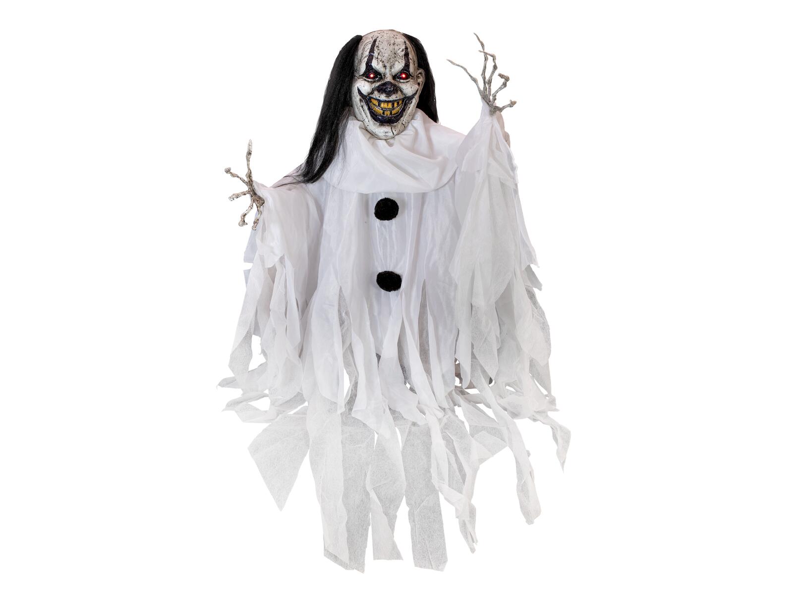 Valkoiseen repaleiseen asuun pukeutunut animoitu Halloween-klovnihahmo