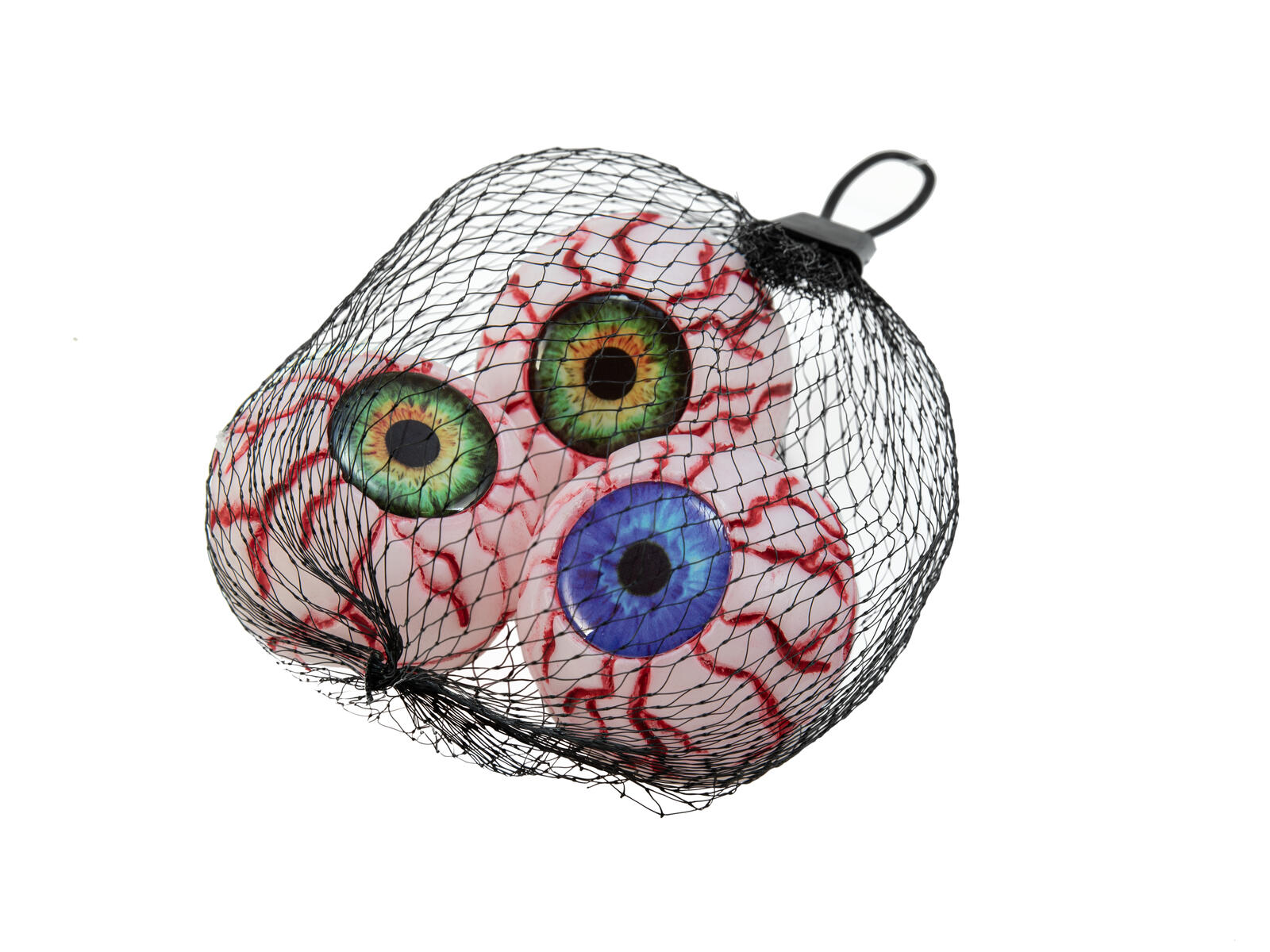 Neljä punaisten verisuonikuvioiden koristamaa Halloween-tekosilmää