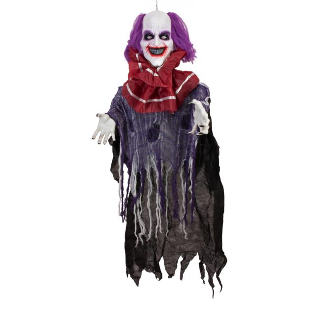 Riippuva animoitu Halloween-klovnifiguuri violetilla hiuksilla
