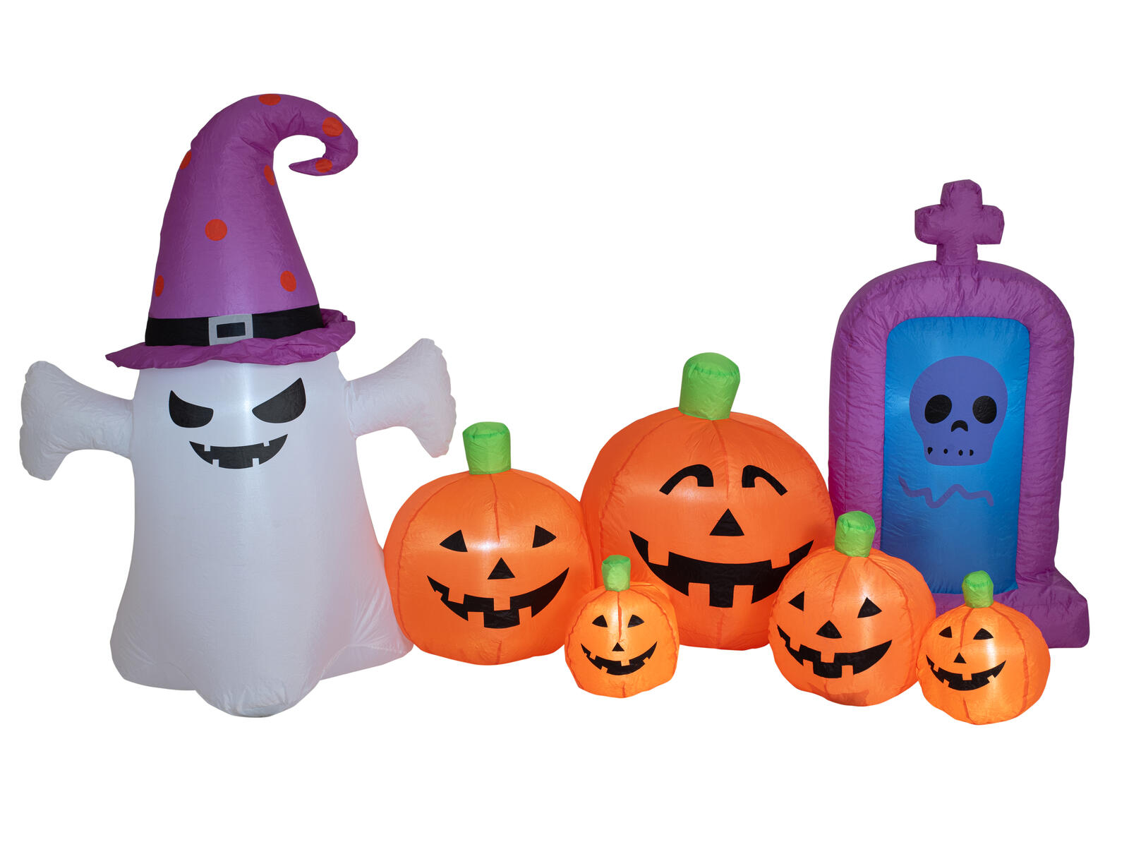 Ilmatäytteinen Halloween-koriste, jossa aave, kurpitsat ja hautakivi