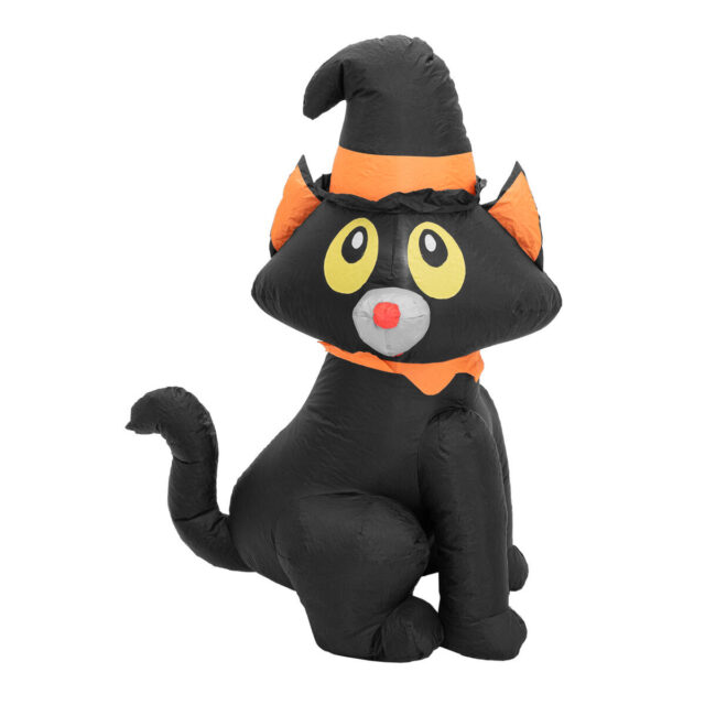 Musta puhallettava Halloween-kissa oranssilla noitahatulla