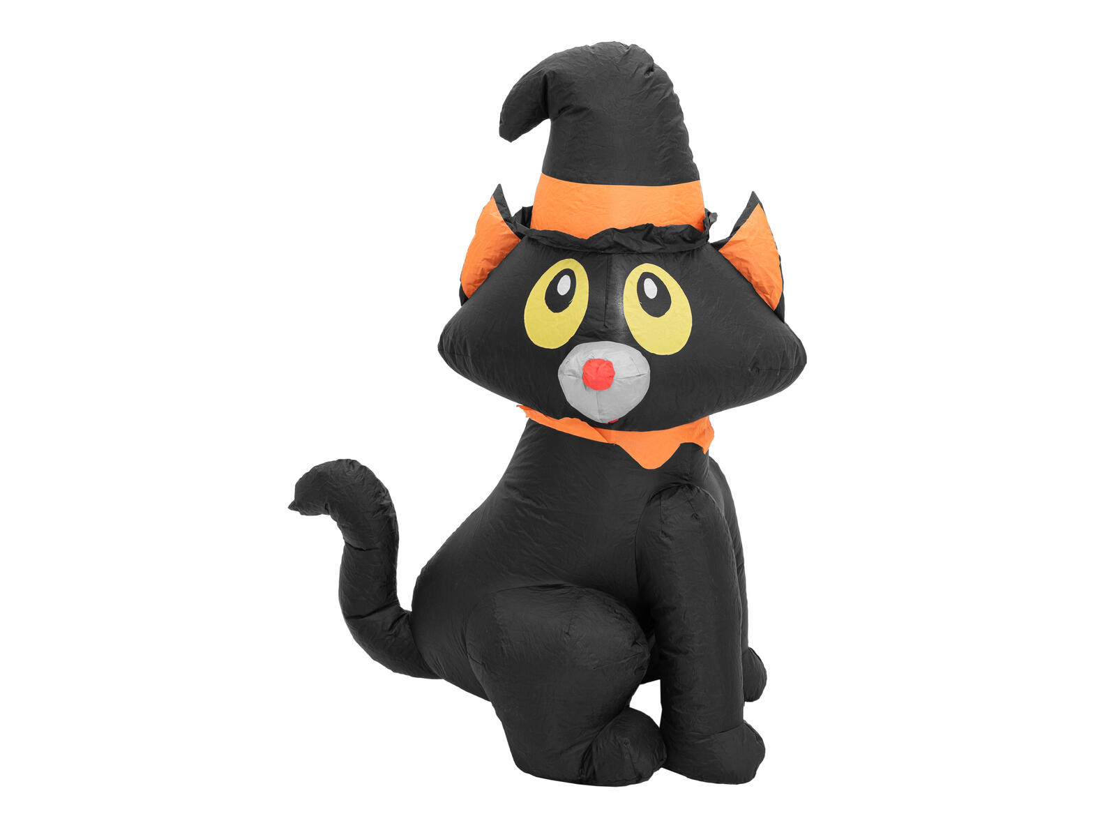 Musta puhallettava Halloween-kissa oranssilla noitahatulla