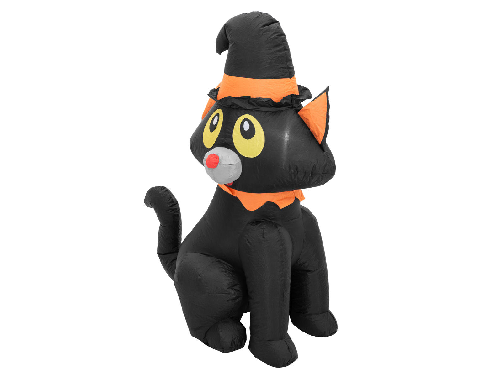 Musta puhallettava Halloween-kissa oranssilla noitahatulla